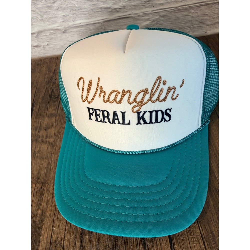 Wranglin Feral Kids Trucker Hat Teal White Mesh Snapback Western Funny Cap - Picture 3 of 4